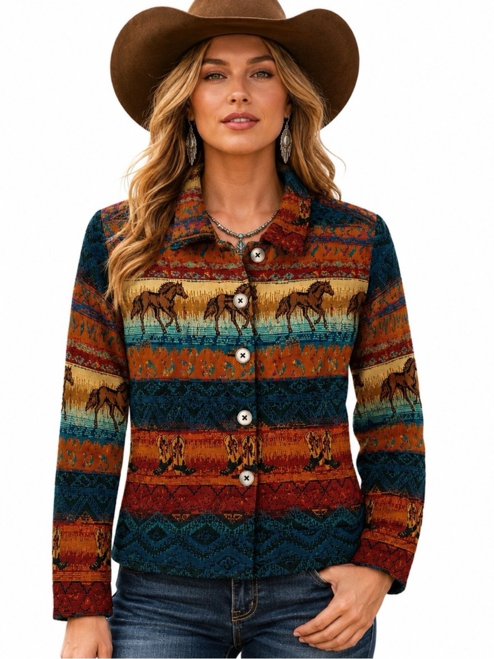 Jane Ashley Women’s Small Western Tapestry Jacket Horses Cowboy Boots Western